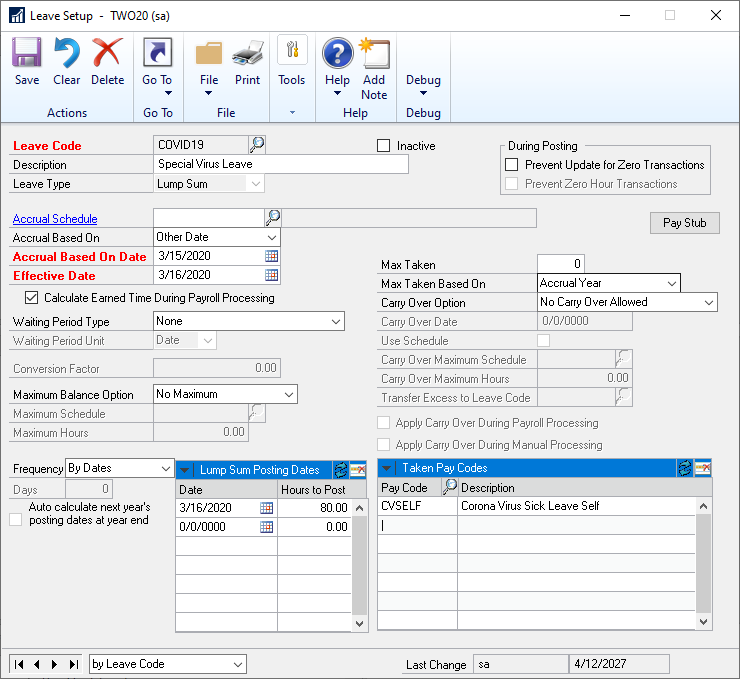 COVID-19 Sick Leave Add A – Image 1 FFCRA Paid Sick Leave Act Dynamics GP Addendum 1 Screenshot 1