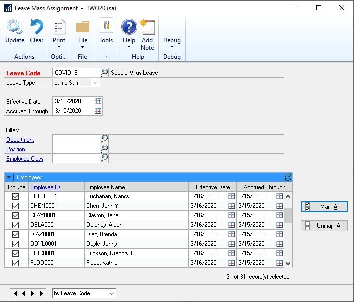 COVID-19 Sick Leave Add A – Image 2 FFCRA Paid Sick Leave Act Dynamics GP Addendum A Screenshot 2