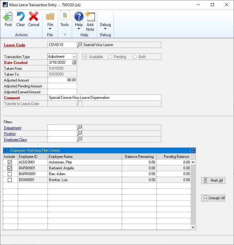 COVID-19 Sick Leave Add A – Image 3 FFCRA Paid Sick Leave Act Dynamics GP Addendum A Screenshot 3