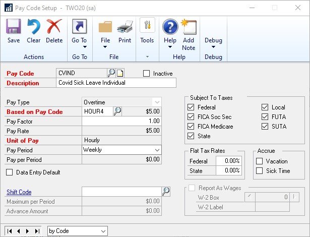COVID-19 Sick Leave Add B – Image 1 FFCRA Paid Sick Leave Act Dynamics GP Addendum B Screenshot 1