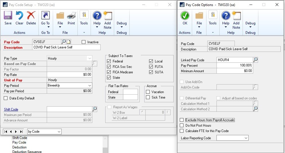 COVID-19 Sick Leave Step 2 – Image 1 FFCRA Paid Sick Leave Act Dynamics GP Pay Code Screenshot 1
