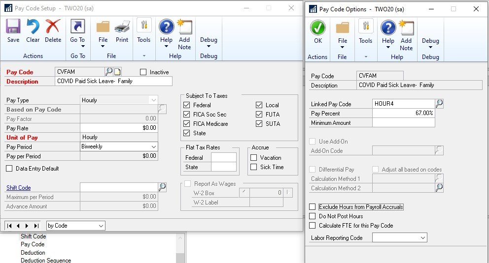COVID-19 Sick Leave Step 2 – Image 2 FFCRA Paid Sick Leave Act Dynamics GP Pay Code Screenshot 2